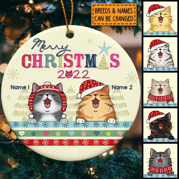 Personalised Merry Xmas 2022 Pale Yellow Circle Ceramic Ornament - Personalized Cat Lovers Decorative Christmas Ornament