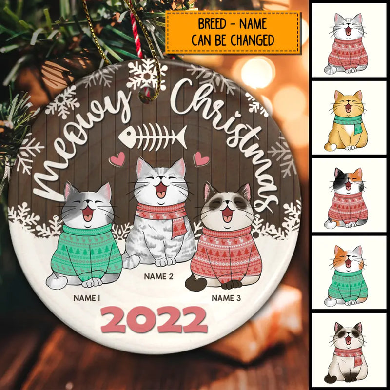 Meowy Christmas, 2022 Christmas Bauble, Circle Ceramic Ornament, Personalized Cat Breeds, Xmas Gifts For Cat Lovers