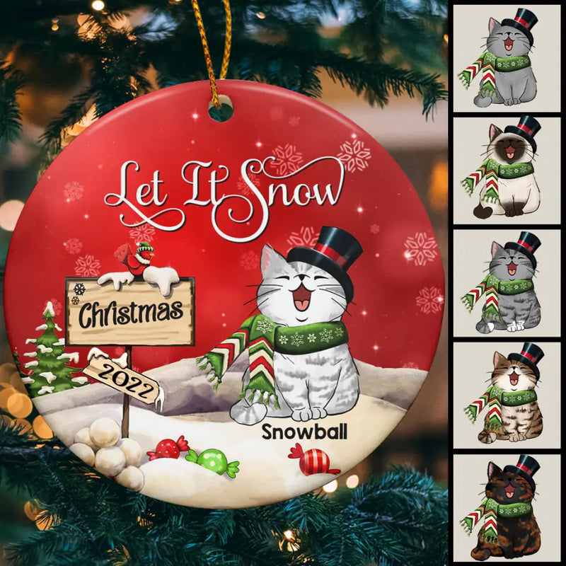 Let It Snow Christmas 2022 Gentle Cat Circle Ceramic Ornament - Personalized Cat Lovers Decorative Christmas Ornament
