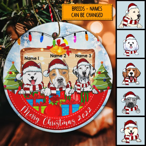 Merry Xmas 2022 Gift Box & Red Banner Circle Ceramic Ornament - Personalized Dog Lovers Decorative Christmas Ornament