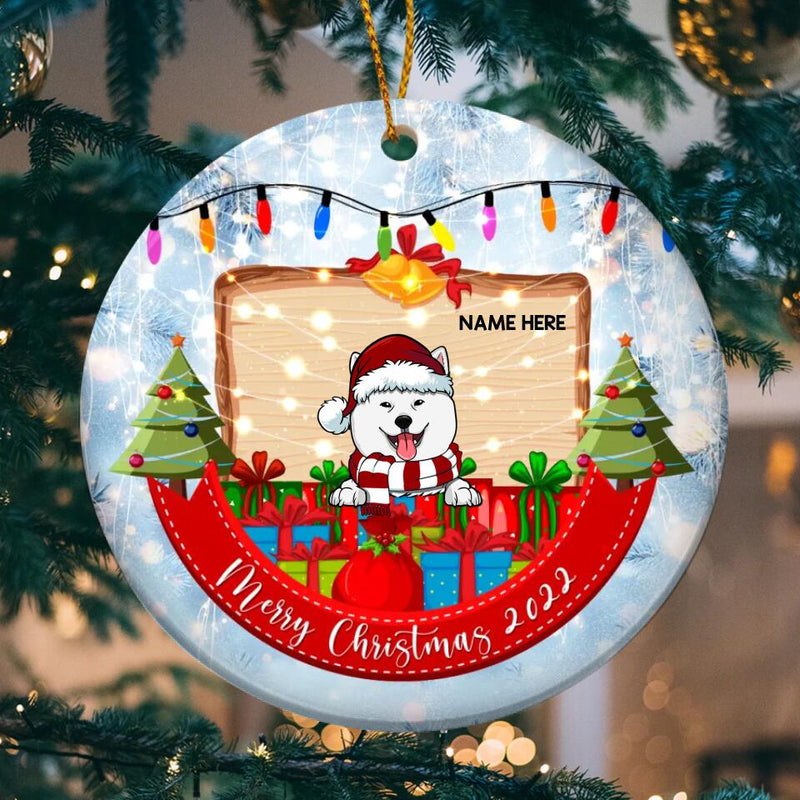 Merry Xmas 2022 Gift Box & Red Banner Circle Ceramic Ornament - Personalized Dog Lovers Decorative Christmas Ornament
