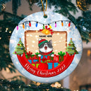 Merry Xmas 2022 Gift Box & Red Banner Circle Ceramic Ornament - Personalized Cat Lovers Decorative Christmas Ornament