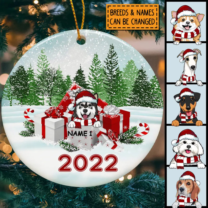 Merry Christmas 2022, Gift Boxes And Green Pine Forest With Snow, Personalized Dog Lovers Decorative Christmas Ornament