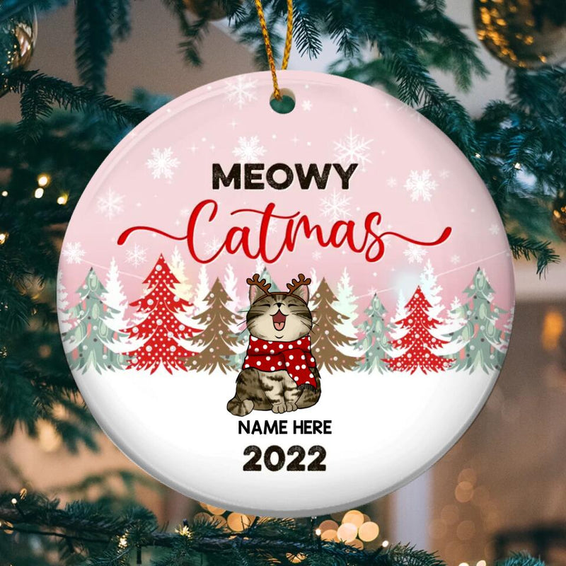 Meowy Catmas 2022 Circle Ceramic Ornament, Pinky Sky With Color Pine Tree, Personalized Cat Lovers Christmas Decorative Ornament
