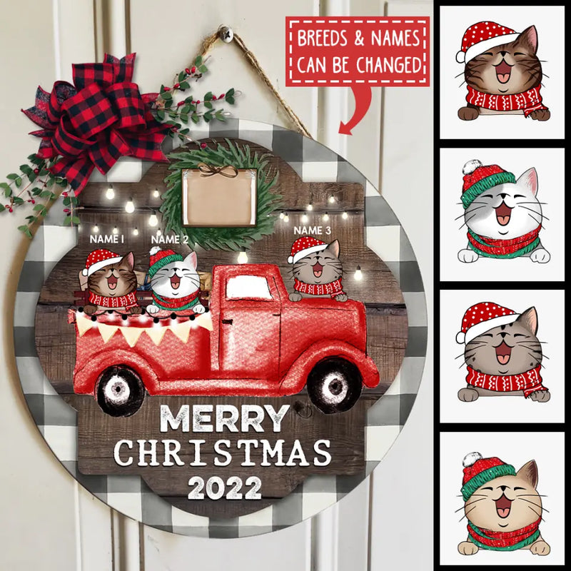 Christmas Door Decorations, Gifts For Cat Lovers, Merry Christmas 2022 Cats On Red Truck Welcome Door Signs , Cat Mom Gifts