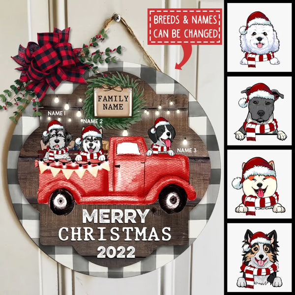 Christmas Door Decorations, Gifts For Dog Lovers, Merry Christmas 2022 Dogs On Red Truck Welcome Door Signs , Dog Mom Gifts