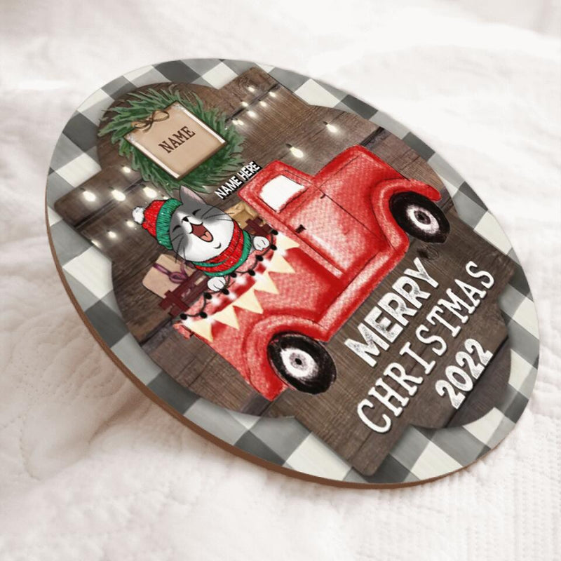 Christmas Door Decorations, Gifts For Cat Lovers, Merry Christmas 2022 Cats On Red Truck Welcome Door Signs , Cat Mom Gifts