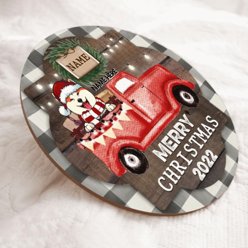 Christmas Door Decorations, Gifts For Dog Lovers, Merry Christmas 2022 Dogs On Red Truck Welcome Door Signs , Dog Mom Gifts