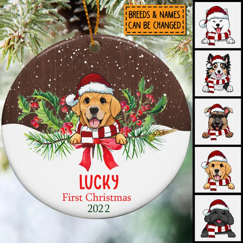 Dog First Christmas Circle Ceramic Ornament, Brown & White, Personalized Dog Lovers Decorative Christmas Ornament