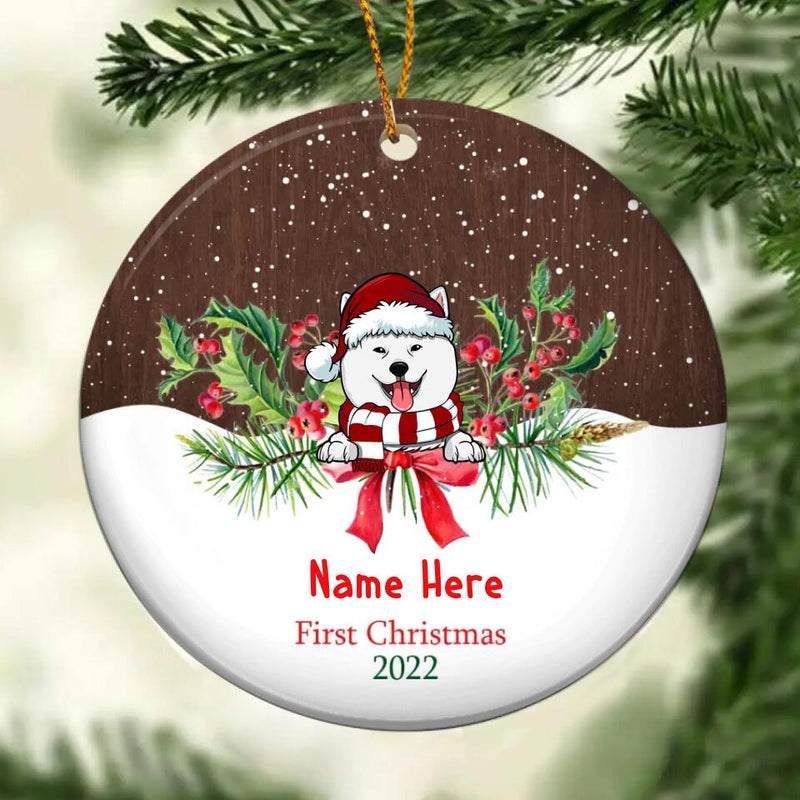 Dog First Christmas Circle Ceramic Ornament, Brown & White, Personalized Dog Lovers Decorative Christmas Ornament