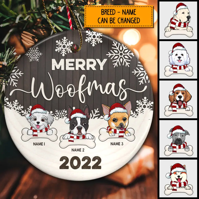 Personalised Merry Woofmas Brown Wooden Circle Ceramic Ornament - Personalized Dog Lovers Decorative Christmas Ornament
