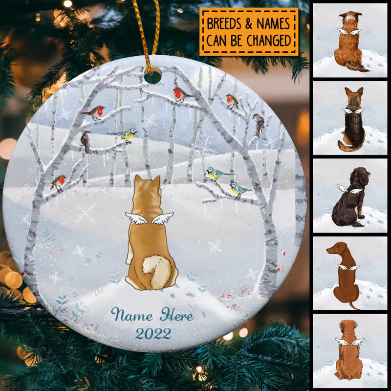 Personalised Dog In Snowy Field Memorial Circle Ceramic Ornament - Personalized Angel Dog Decorative Christmas Ornament