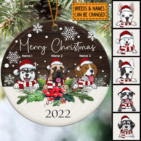 Merry Christmas Brown Wooden Circle Ceramic Ornament - Personalized Dog Lovers Decorative Christmas Ornament