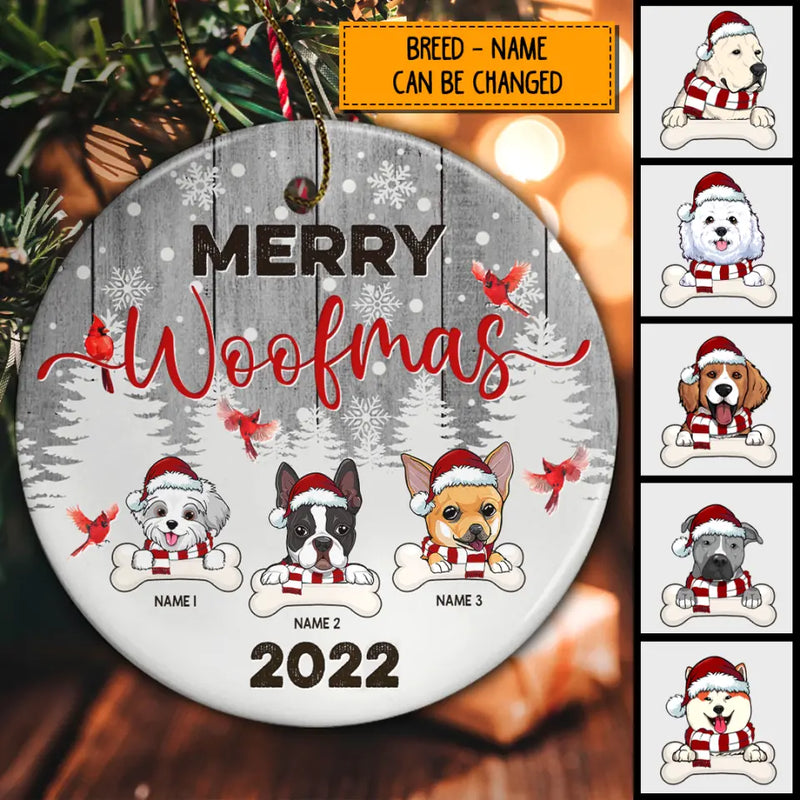 Personalised Merry Woofmas Gray Wooden Circle Ceramic Ornament - Personalized Dog Lovers Decorative Christmas Ornament