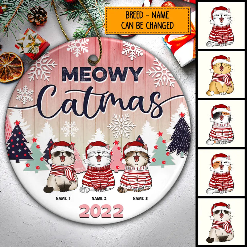 Personalised Meowy Catmas Pink Faded Circle Ceramic Ornament - Personalized Cat Lovers Decorative Christmas Ornament