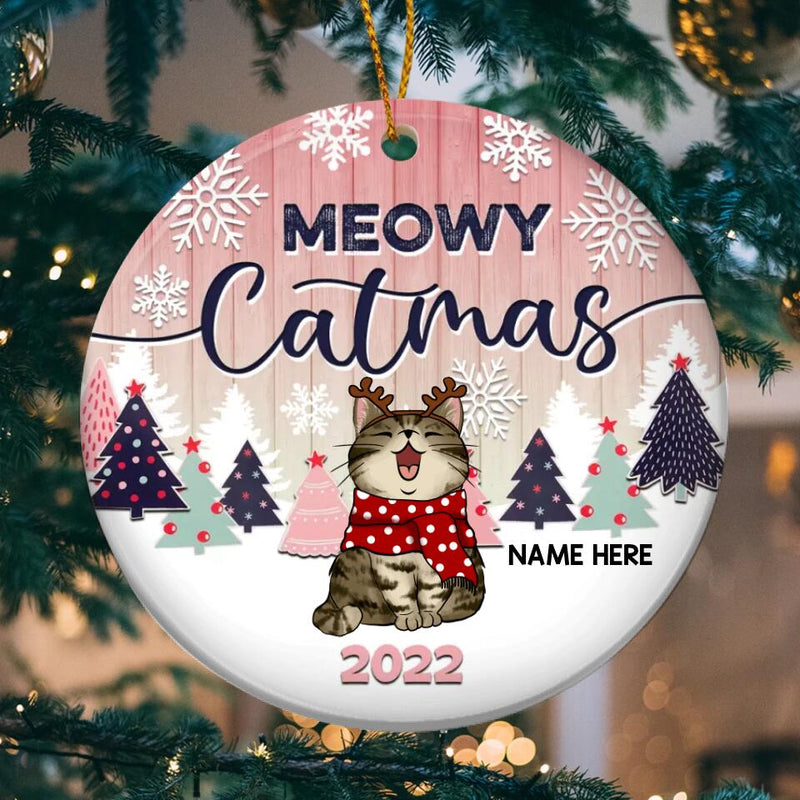 Personalised Meowy Catmas Pink Faded Circle Ceramic Ornament - Personalized Cat Lovers Decorative Christmas Ornament