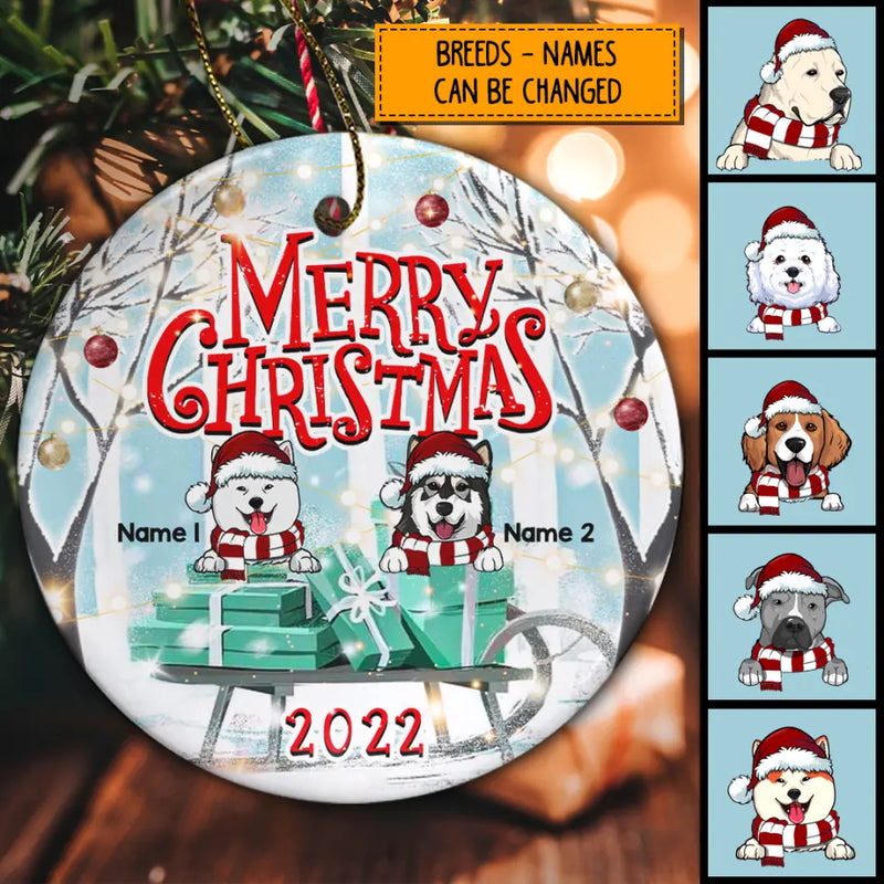 Merry Christmas Winter Forest With Gifts Circle Ceramic Ornament - Personalized Dog Lovers Decorative Christmas Ornament