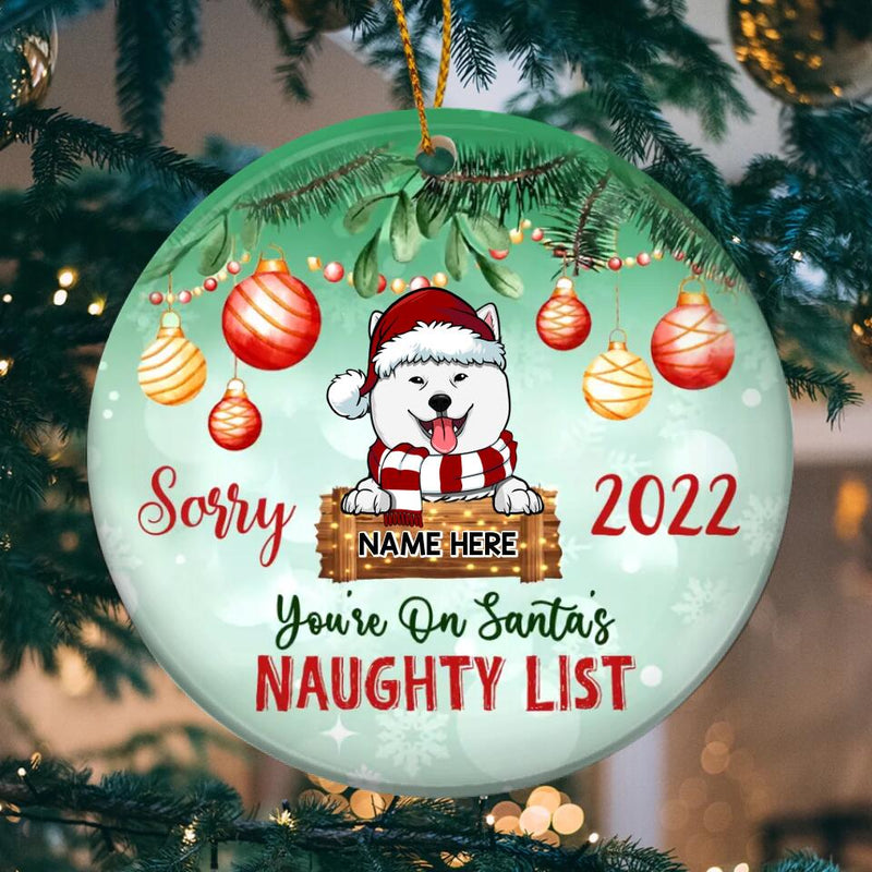 On Santa's Naughty List Faded Green Circle Ceramic Ornament - Personalized Dog Lovers Decorative Christmas Ornament