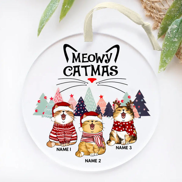 Christmas Acrylic Ornament, Gifts For Cat Lovers, Meowy Catmas Cats With Pine Trees Personalized Ornament