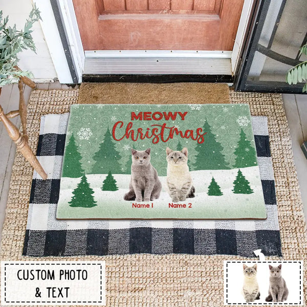 Personalized Cat Doormat, Custom Cat Christmas Doormat, Meowy Christmas Cat Photo Doormat, Cat Portrait Doormat, Cat Holiday Gift