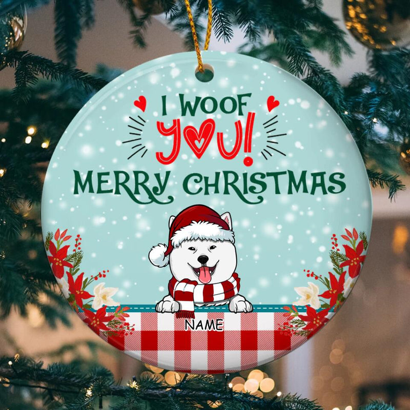 I Woof You Merry Christmas, Plaid Bauble, Personalized Dog Breeds Circle Ceramic Ornament, Xmas Gifts For Dog Lovers