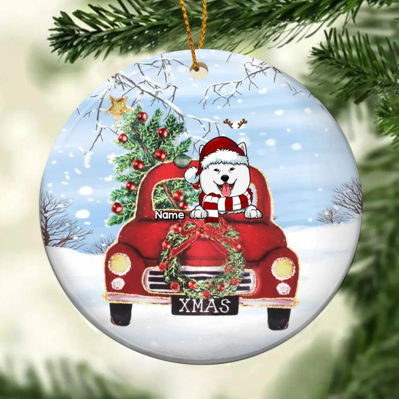 X-mas Dog In Red Truck Circle Ceramic Ornament, Personalized Dog Lovers Decorative Christmas Ornament