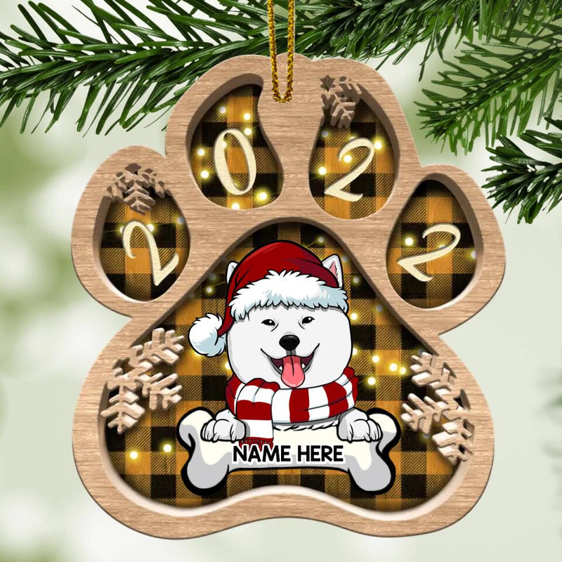Xmas Dog With Bone Custom Color Paw Shaped Wooden Ornament - Personalized Dog Lovers Decorative Christmas Ornament