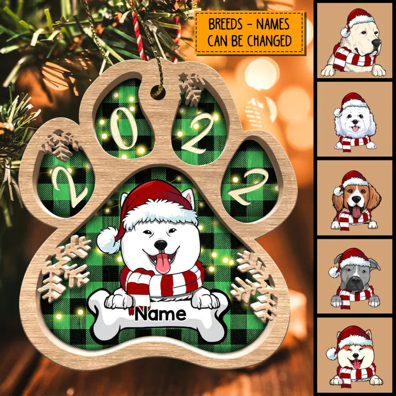 Xmas Dog With Bone Custom Color Paw Shaped Wooden Ornament - Personalized Dog Lovers Decorative Christmas Ornament