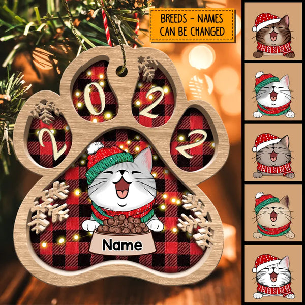 Xmas Cat With Food Bowl Custom Color Paw Shaped Wooden Ornament - Personalized Cat Lovers Decorative Christmas Ornament