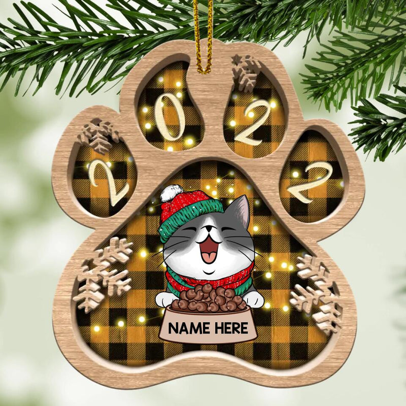 Xmas Cat With Food Bowl Custom Color Paw Shaped Wooden Ornament - Personalized Cat Lovers Decorative Christmas Ornament