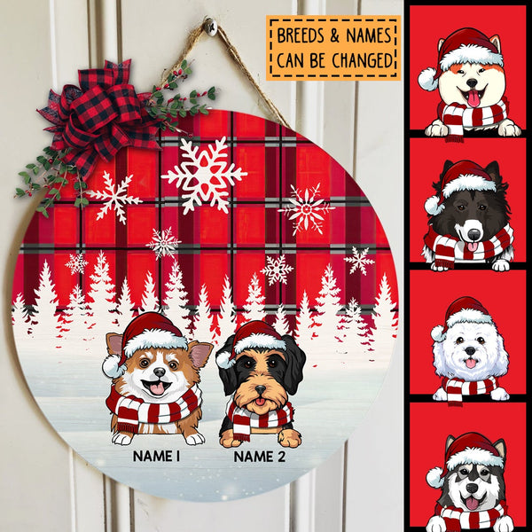 Christmas Door Decorations, Gifts For Dog Lovers, Dog In Snow Red Plaid White Snowflake Welcome Door Signs , Dog Mom Gifts