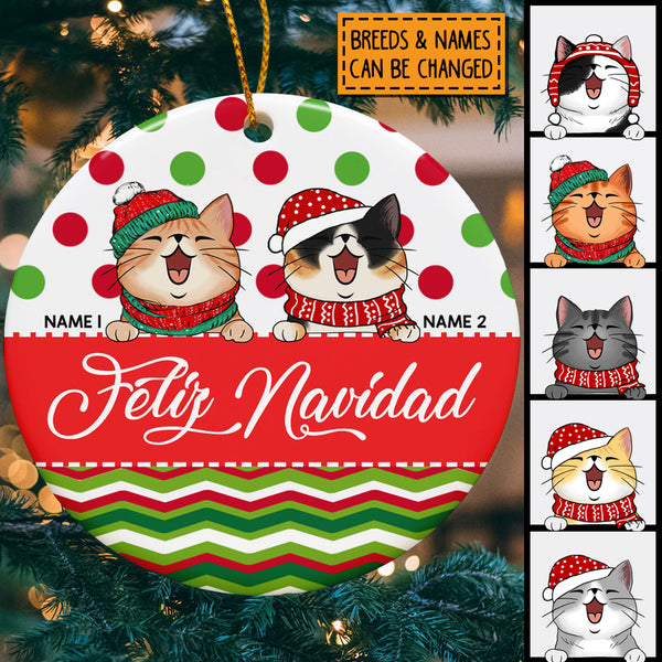 Personalised Feliz Navidad Red & Green Circle Ceramic Ornament - Personalized Cat Lovers Decorative Christmas Ornament