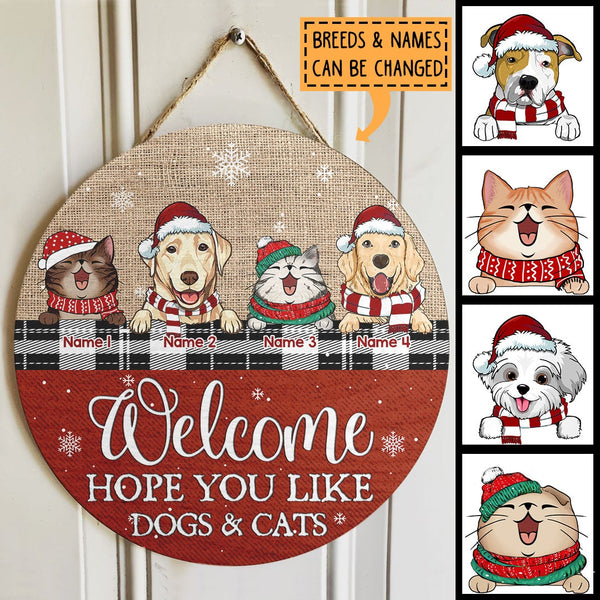 Christmas Welcome Door Sign, Gift For Pet Lovers, Hope You Like Dogs & Cats Home Sweet Home Signs, Jute Canvas Theme