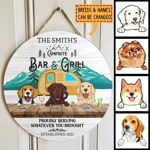 Pawzity Camping Signs, Gifts For Dog Lovers, Proudly Serving Whatever You Brought, Green Mountain & Yellow Camping Van , Dog Mom Gifts