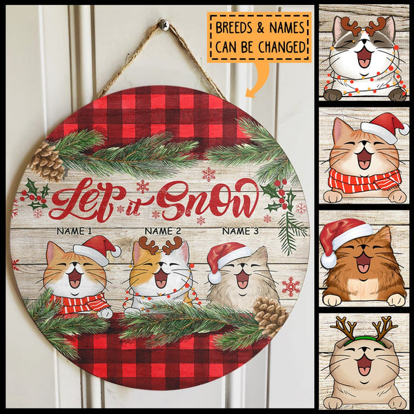 Christmas Door Decorations, Gifts For Cat Lovers, Let It Snow Welcome Door Signs, Red Plaid & Pine Leaves Background , Cat Mom Gifts