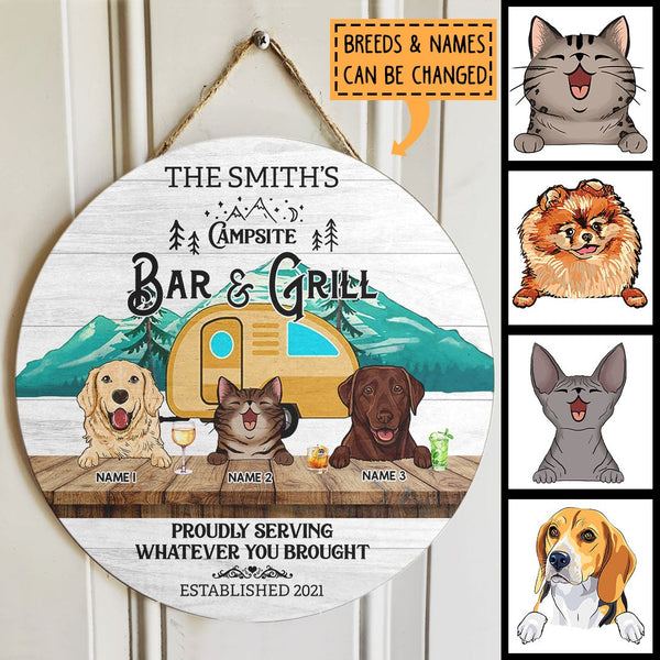 Pawzity Camping Signs, Gifts For Pet Lovers, Proudly Serving Whatever You Brought, Green Mountain & Yellow Camping Van