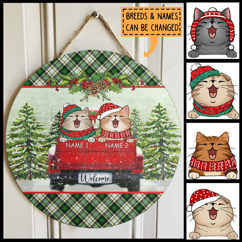 Christmas Door Decorations, Gifts For Cat Lovers, Cats On Red Truck & Green Pine Forest Welcome Door Sign , Cat Mom Gifts