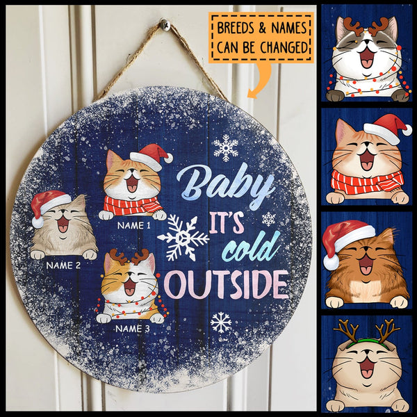 Christmas Door Decorations, Gifts For Cat Lovers, Baby It's Cold Outside Welcome Door Signs, Dark Blue Background , Cat Mom Gifts