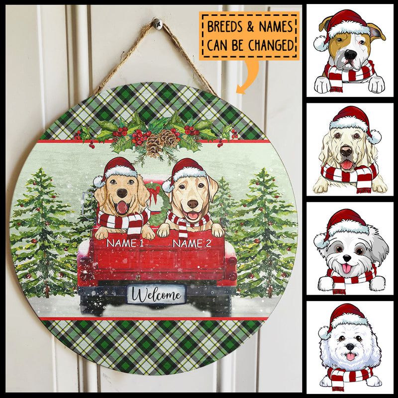 Christmas Door Decorations, Gifts For Dog Lovers, Dogs On Red Truck & Green Pine Forest Welcome Door Sign , Dog Mom Gifts