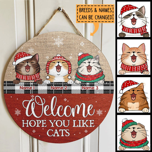 Christmas Cat Welcome Door Sign, Gift For Cat Lovers, Hope You Like Cat Home Sweet Home Signs, Jute Canvas Theme , Cat Mom Gifts