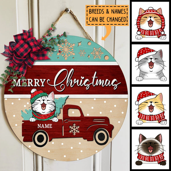 Christmas Cat Welcome Door Sign, Gift For Cat Lovers, Red Truck & Pine Tree Custom Wooden Signs , Cat Mom Gifts