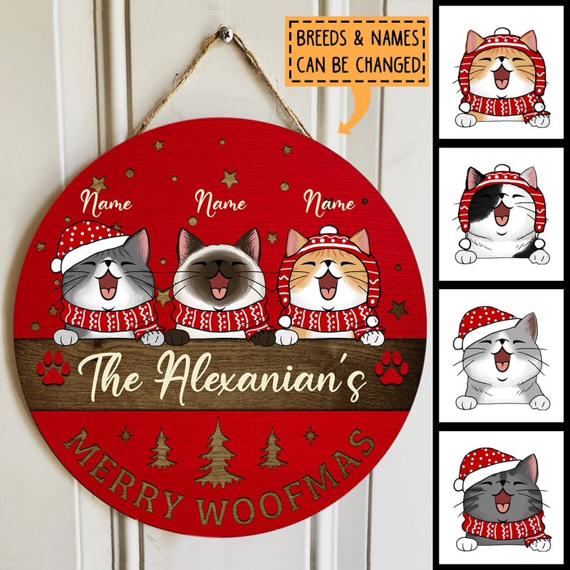 Christmas Door Decorations, Gifts For Cat Lovers, Meowey Catmas Red Background Family Name Sign , Cat Mom Gifts