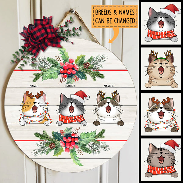 Christmas Door Decorations, Gifts For Cat Lovers, Cats Wear Santa's Hat And Scarf & Xmas Berries Welcome Door Signs , Cat Mom Gifts