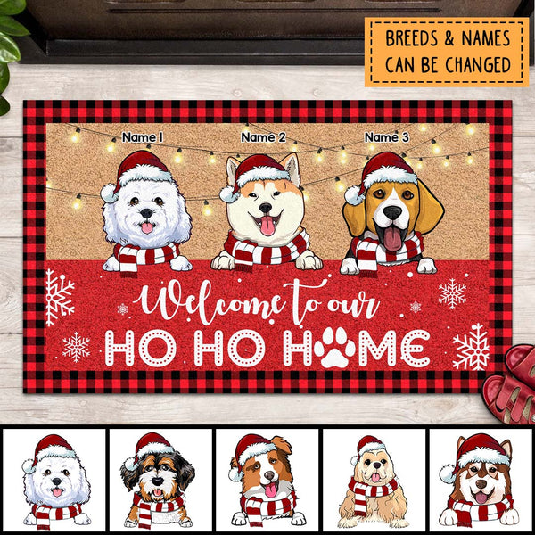 Christmas Front Door Mat, Gifts For Dog Lovers, Welcome To Our Ho Ho Home Personalized Doormat