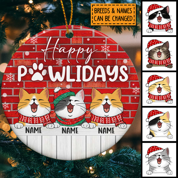 Happy Pawlidays, Brick Wall Circle Ceramic Ornament, Personalized Cat Breeds Ornament, Xmas Gifts For Cat Lovers