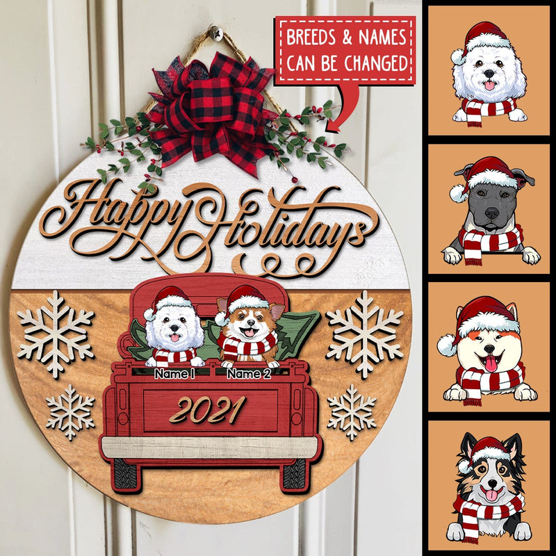 Christmas Door Decorations, Gifts For Dog Lovers, Happy Holiday Dogs On Red Truck Welcome Door Sign , Dog Mom Gifts
