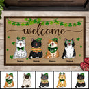 St. Patrick's Day Personalized Doormat, Gifts For Cat Lovers, Welcome Shamrocks Decor Outdoor Door Mat