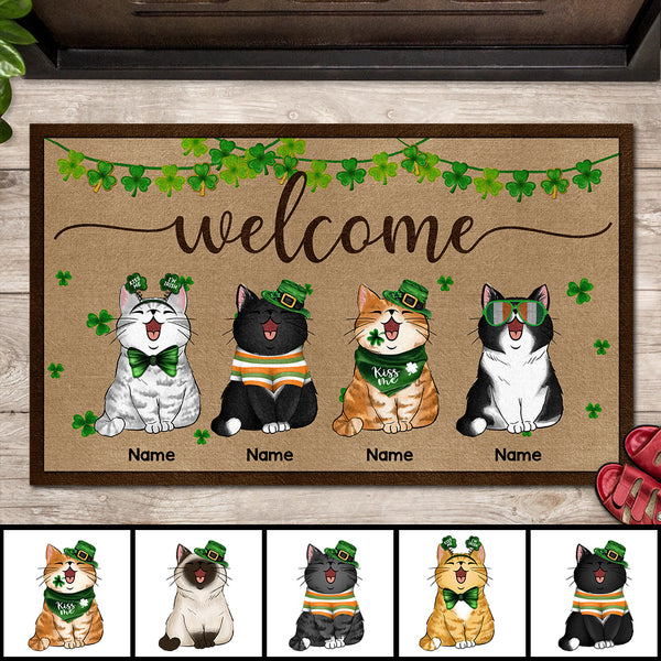 St. Patrick's Day Personalized Doormat, Gifts For Cat Lovers, Welcome Shamrocks Decor Outdoor Door Mat