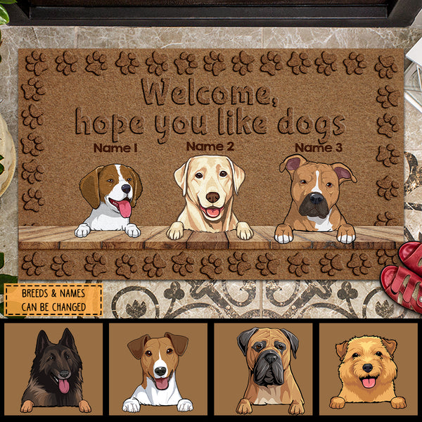 Pawzity Personalized Doormat, Gifts For Dog Lovers, Welcome Hope You Like Dogs Brown Outdoor Door Mat