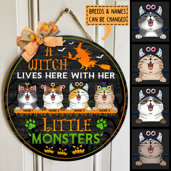 Halloween A Witch Lives Here With Her Little Monsters Signs, Halloween Welcome Door Signs, Gifts For Cat Lovers , Cat Mom Gifts